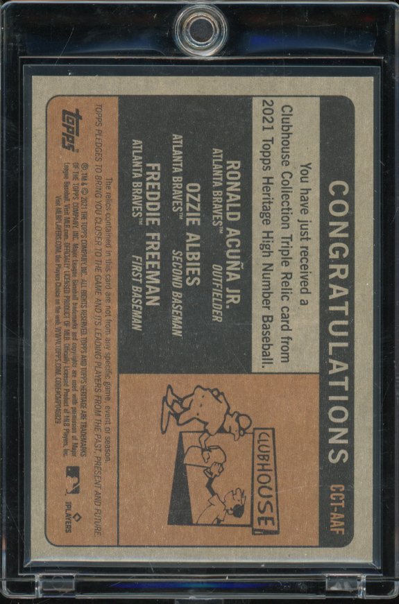 2021 Topps Heritage Acuna Albies Freeman Triple Game Used Patch /25