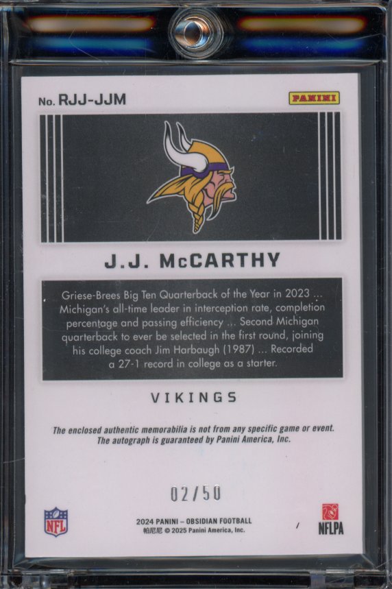 2024 Obsidian JJ Mccarthy Rookie Patch Auto /50