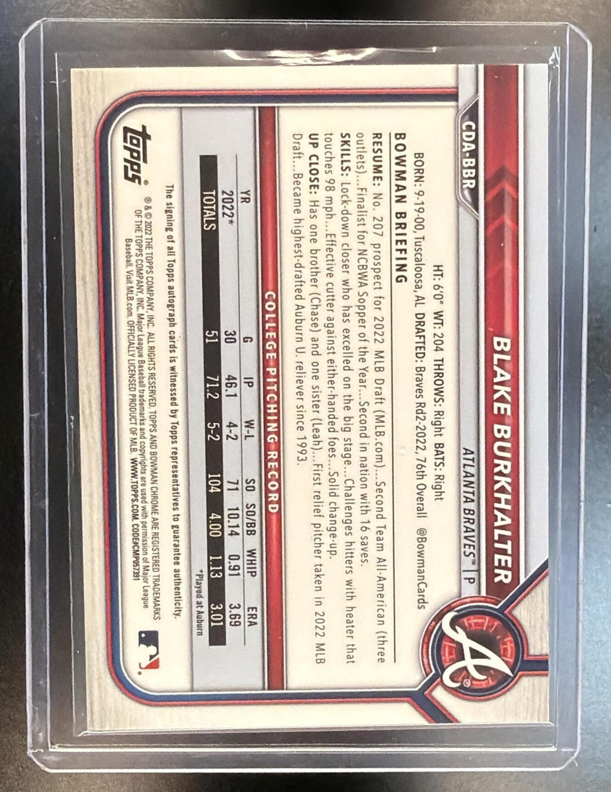 2022 Bowman Chrome Blake Burkhalter #CDA-BBR Aqua Lava Auto 036/199 1st bowman