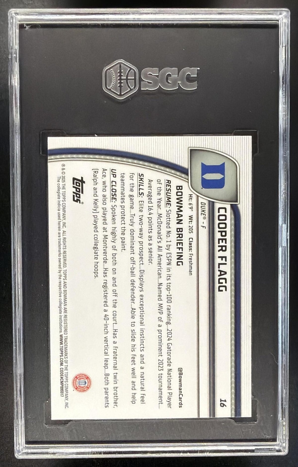 2024-25 Bowman Chrome University Cooper Flagg #16 SGC 10
