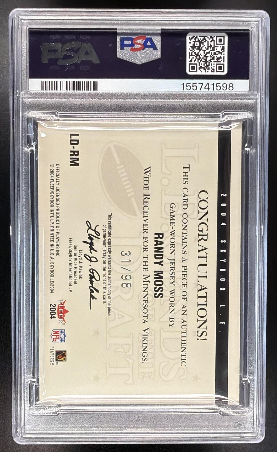 2004 Skybox LE Randy Moss #LD-RM LEgends of the Draft Jerseys Silver 31/98 PSA 6