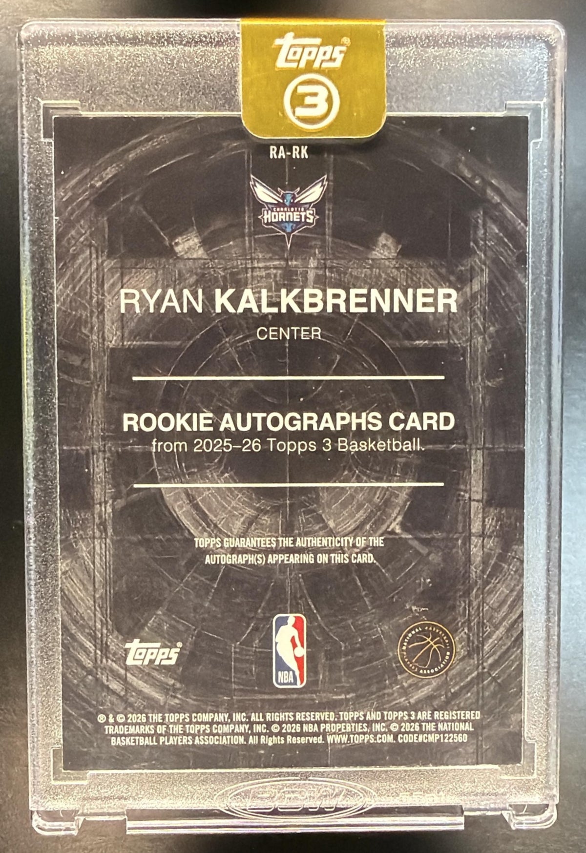 2025-26 Topps Three NBA Ryan Kalkbrenner #RA-RK Auto 15/25 Hornets