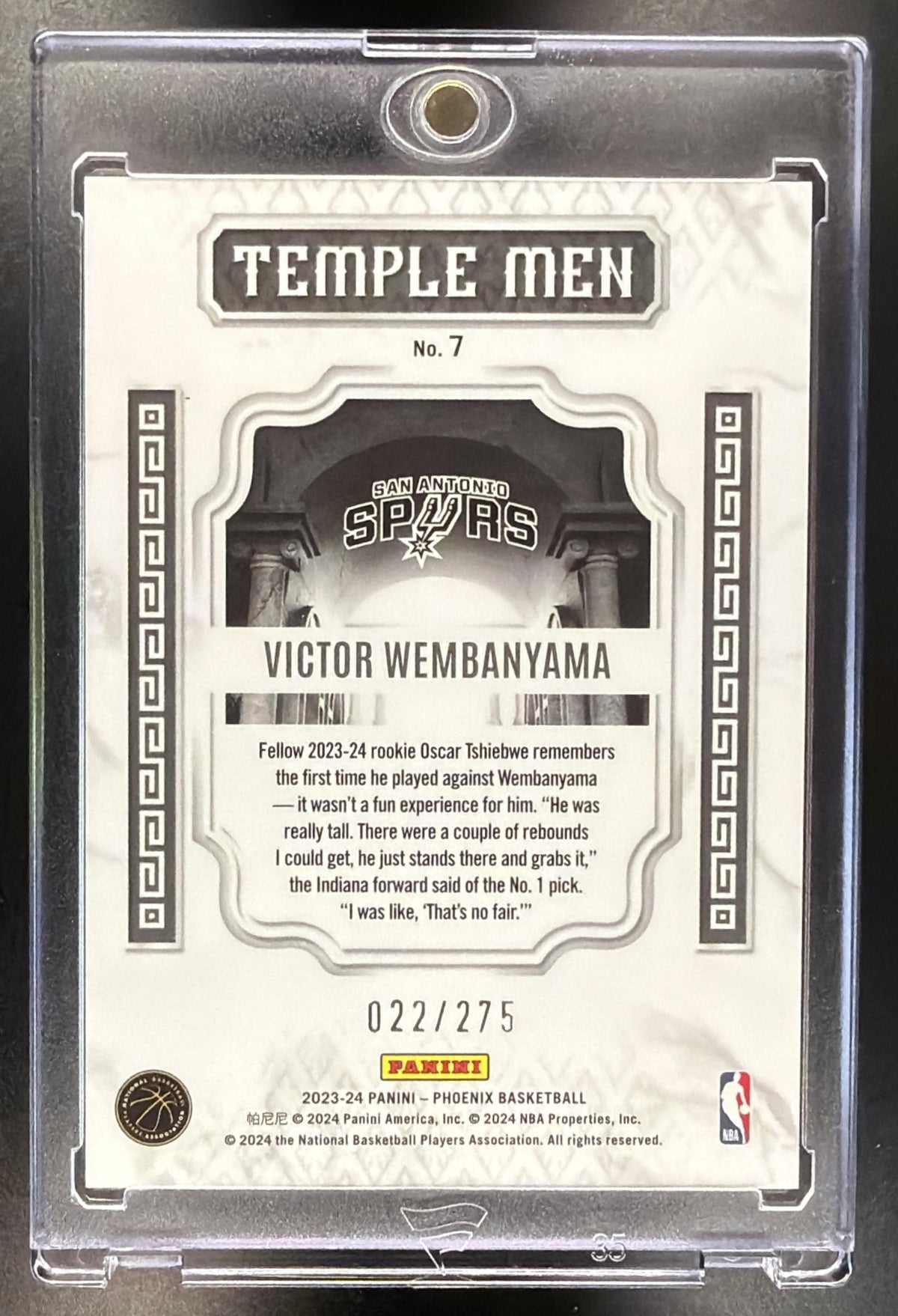 2023-24 Panini Phoenix Victor Wembanyama #7 Temple Men Blue Lazer 22/275 RC