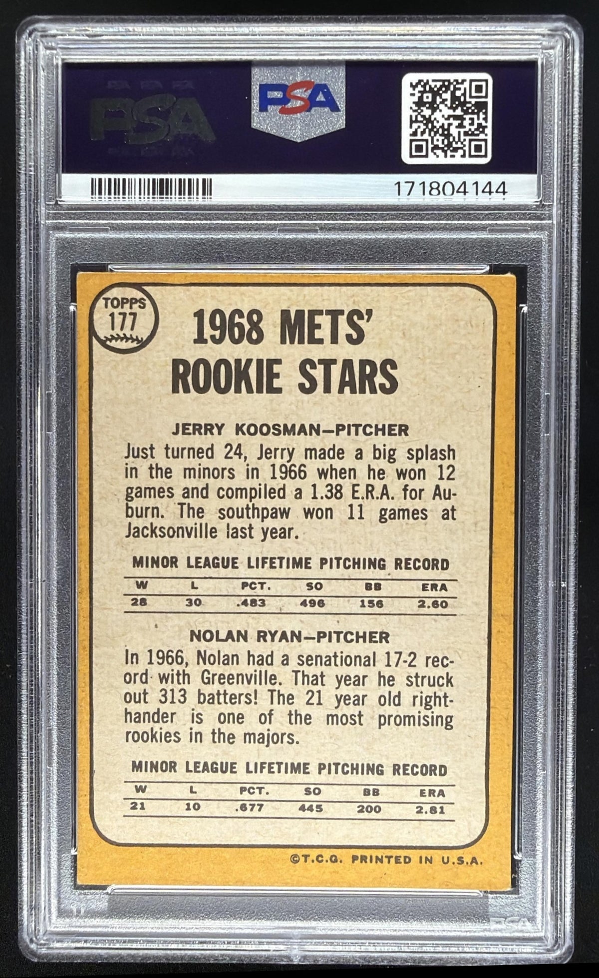 1968 Topps Mets Rookie Stars Jerry Koosman Nolan Ryan RC #177 RC PSA 3