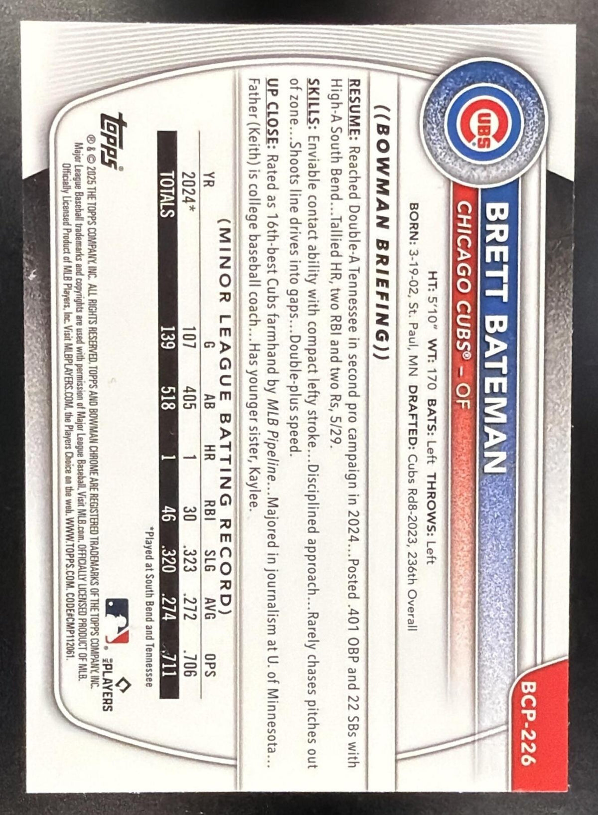 2025 Bowman Chrome Brett Bateman #BCP-226 Peanuts Refractor 1st Prospect
