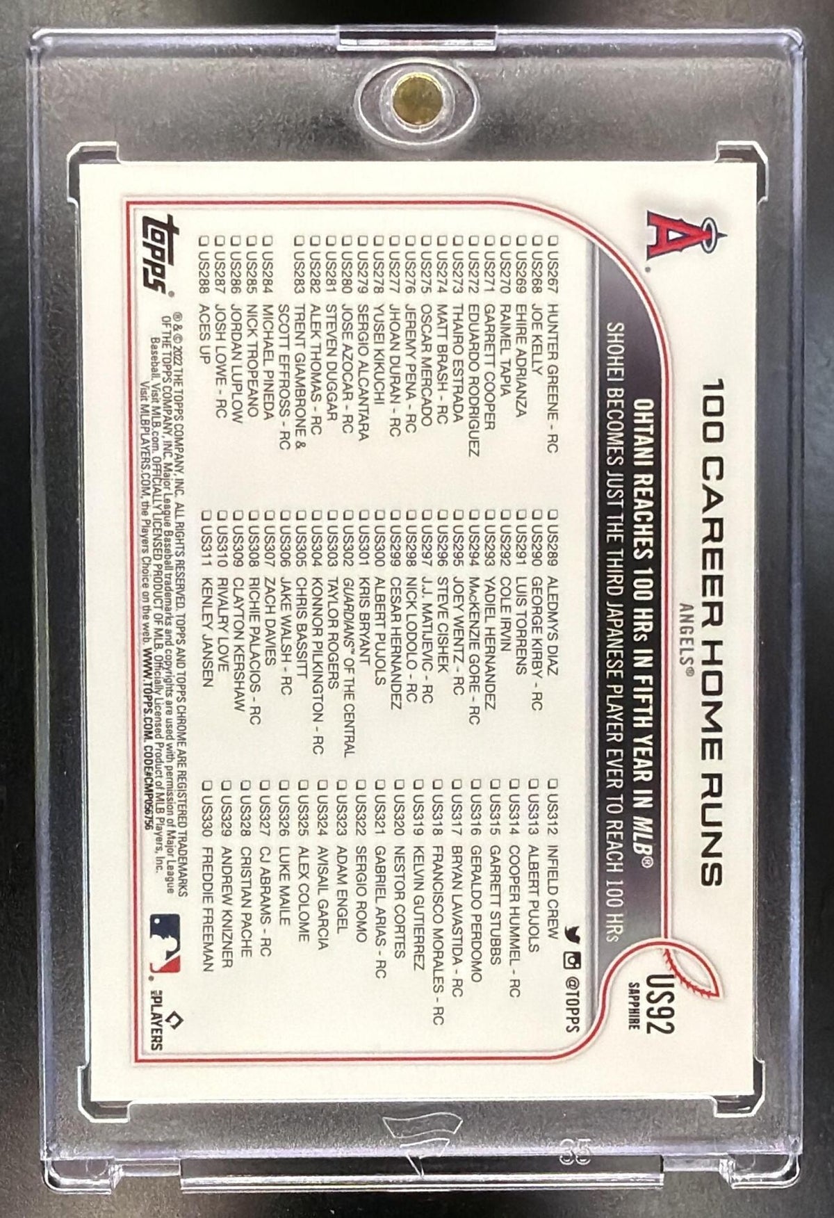 2022 Topps Chrome Update Sapphire Shohei Ohtani 100 Career Home Runs #US92