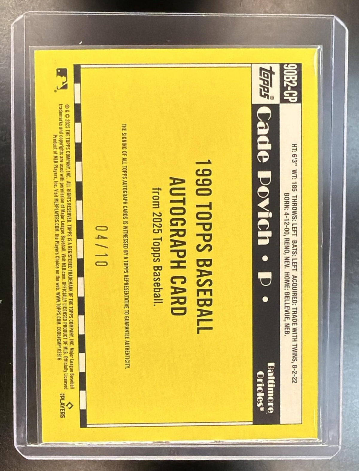 2025 Topps Cade Povich #90B2-CP 1990 Anniversary Black Auto 04/10 RC