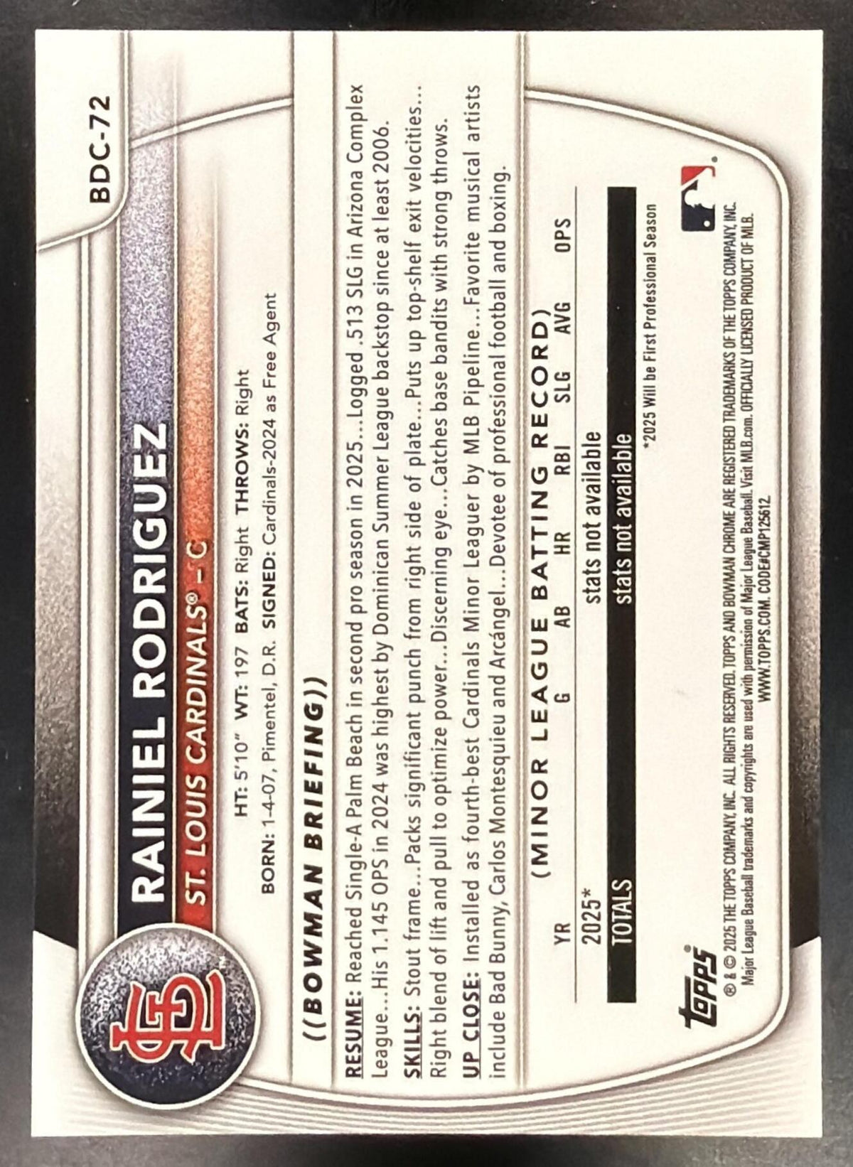 2025 Bowman Draft Rainiel Rodriguez #BDC-72 Chrome Gold Geometric Refractor 29/50