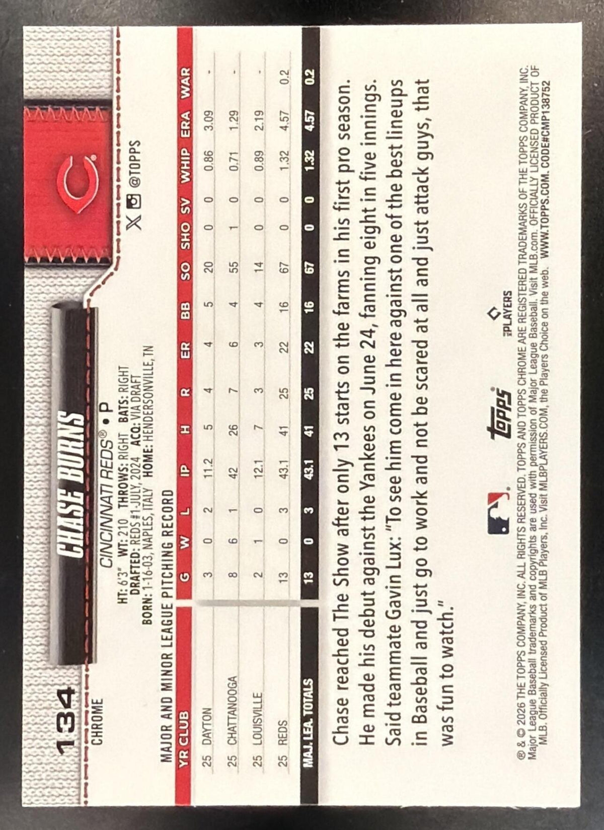 2026 Topps Chrome Sapphire Chase Burns #134 Image Variation RC