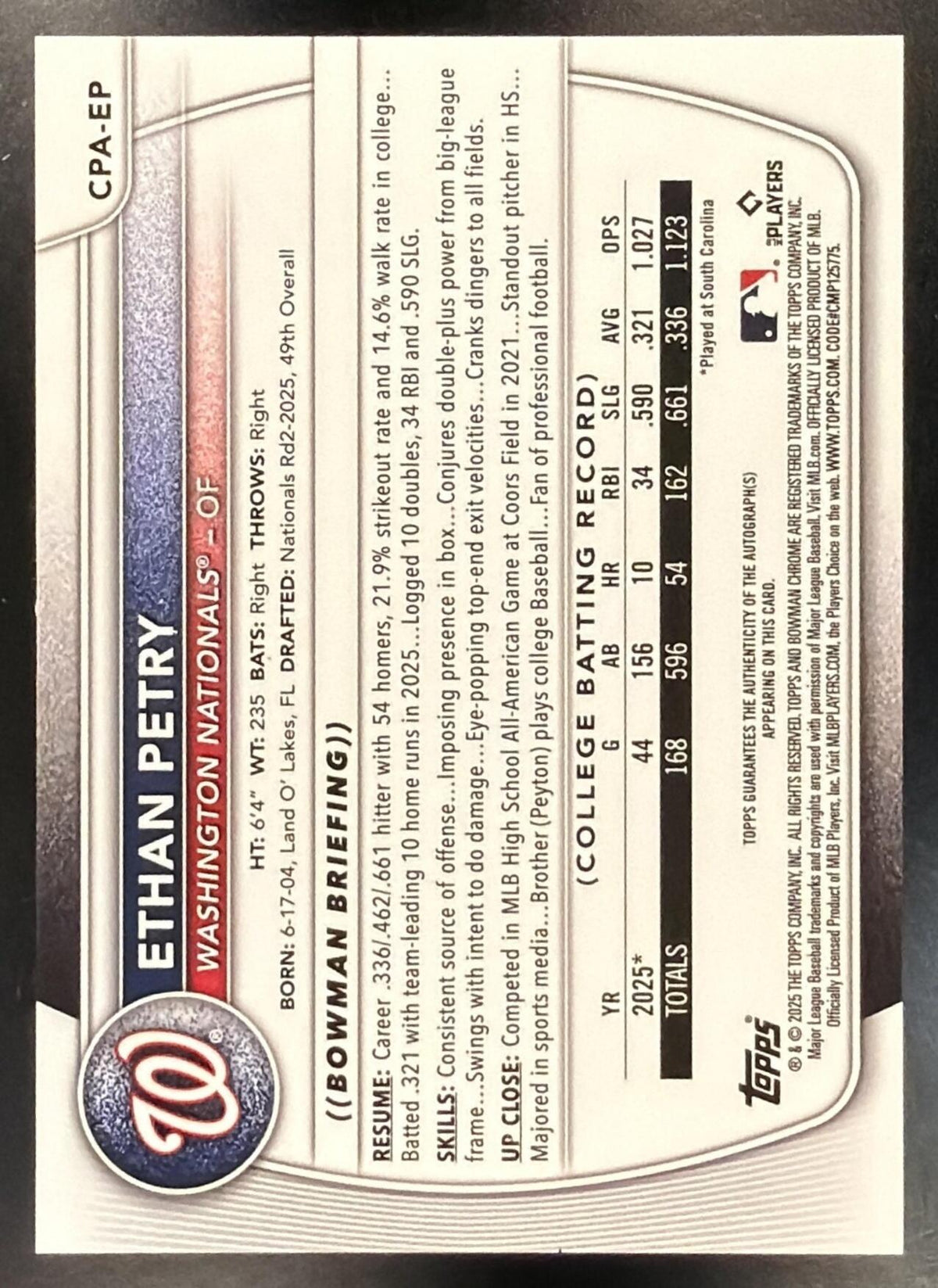 2025 Bowman Draft Sapphire Ethan Petry #CPA-EP Chrome Auto 181/199 1st Prospect