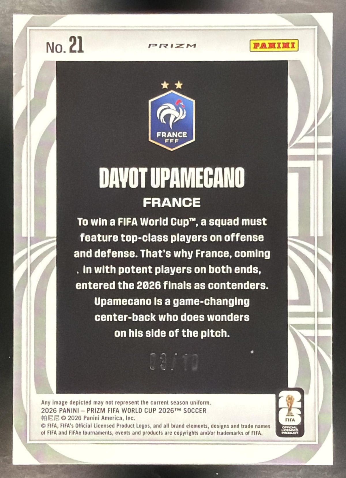 2026 Panini Prizm World Cup Dayot Upamecano #21 Screamers Breakaway Gold 03/10