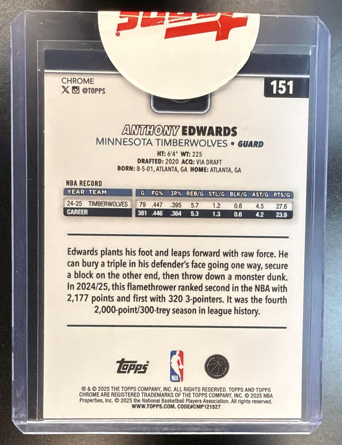 2025-26 Topps Chrome Anthony Edwards #151 Blue X-Fractor Timberwolves