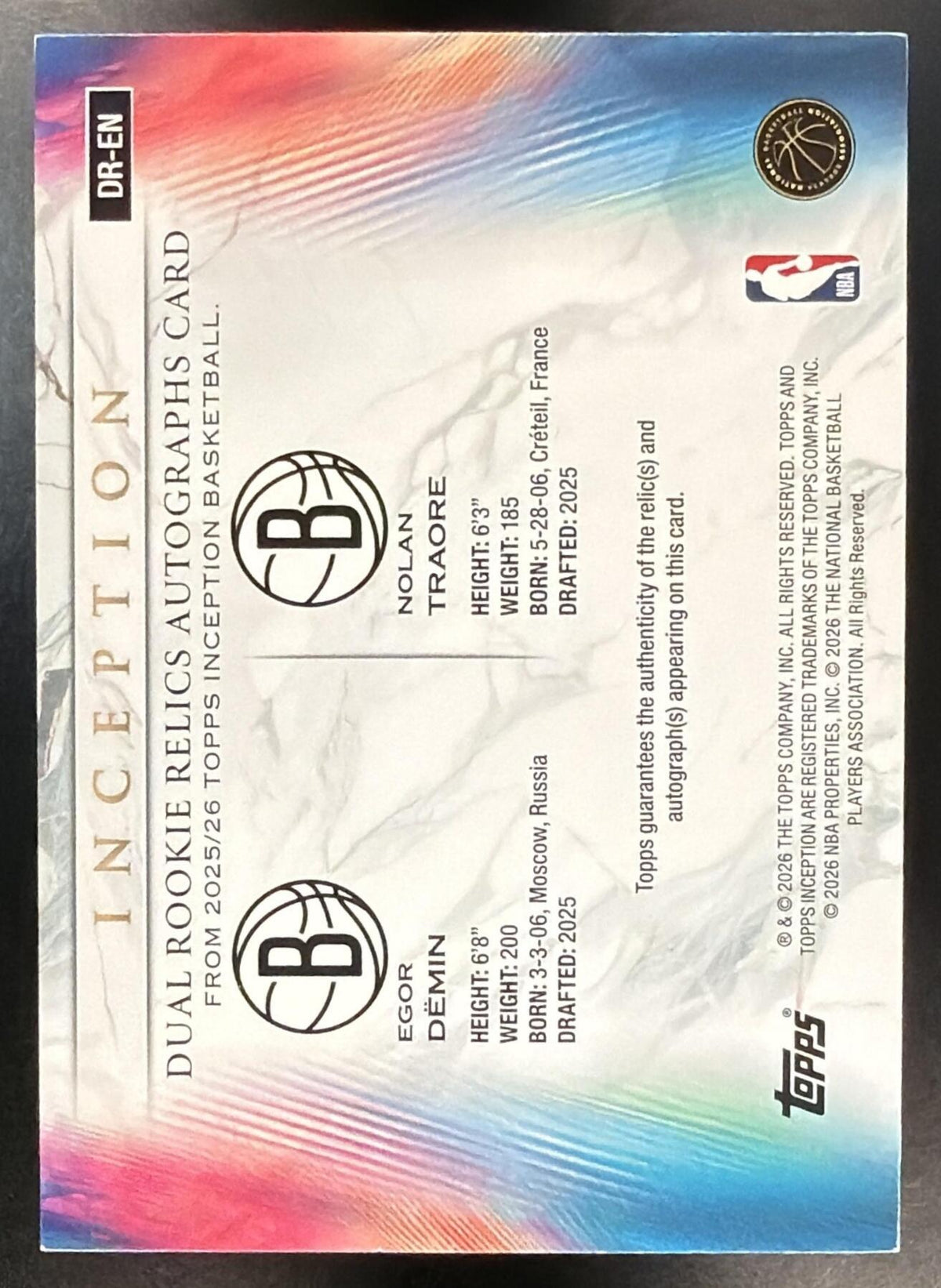 2025 Topps Inception Nolan Traore Egor Demin #DR-EN Dual Rookie Relic Auto Blue 25/25 RC