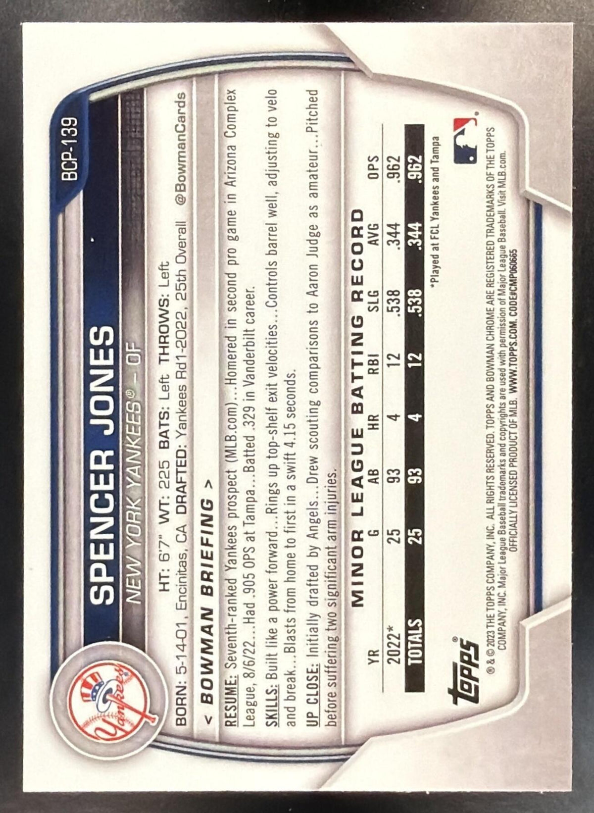 2023 Bowman Spencer Jones #BCP-139 Chrome Atomic Refractor 1st Prospect