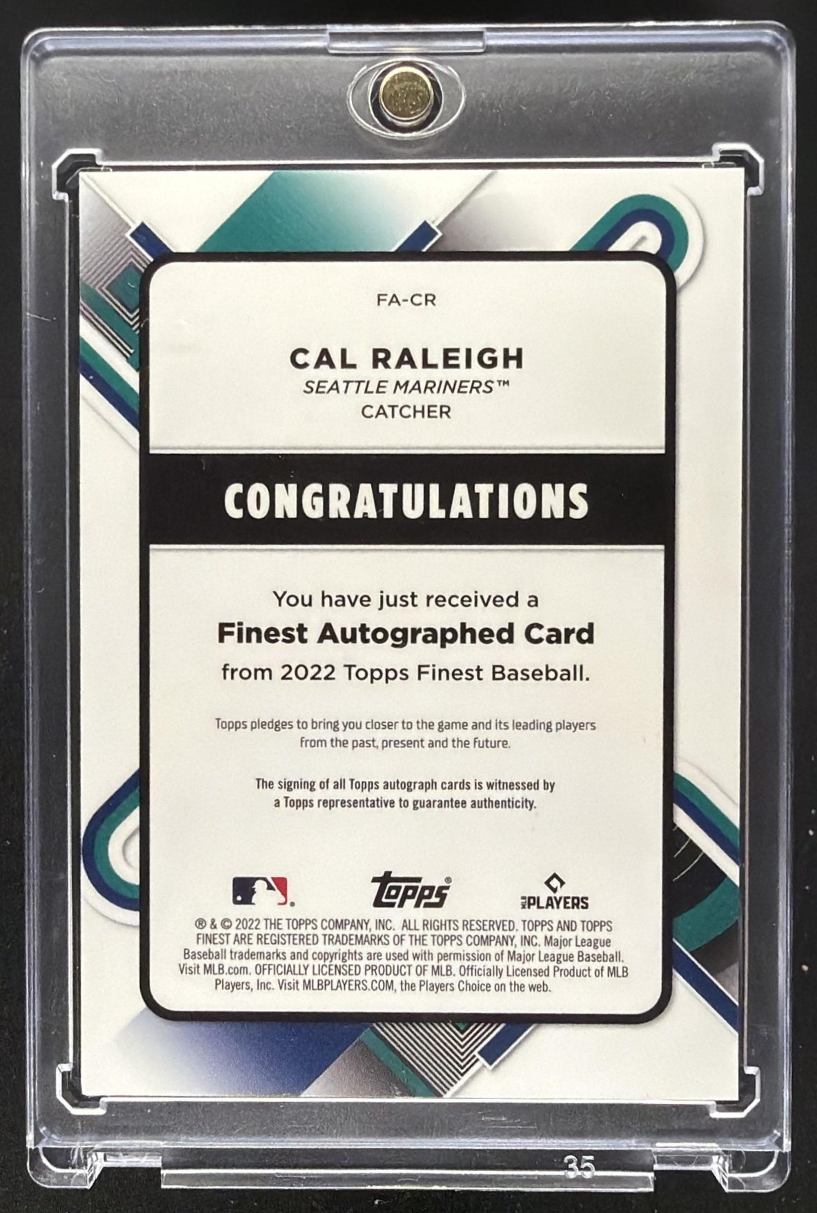 2022 Topps Finest Cal Raleigh #FA-CR Auto Blue Refractor 111/150 RC