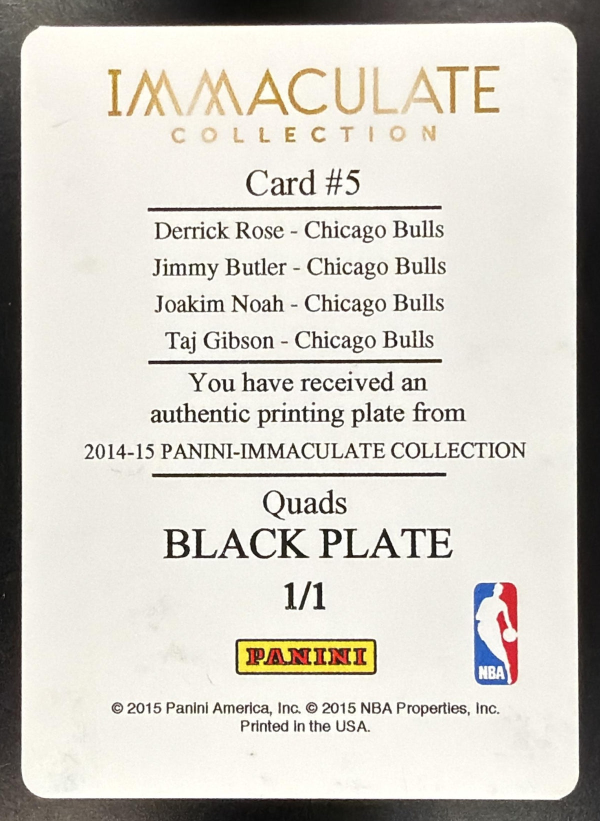 2015-16 Panini Spectra Derrick Rose #5 Materials Black Prizms 1/1