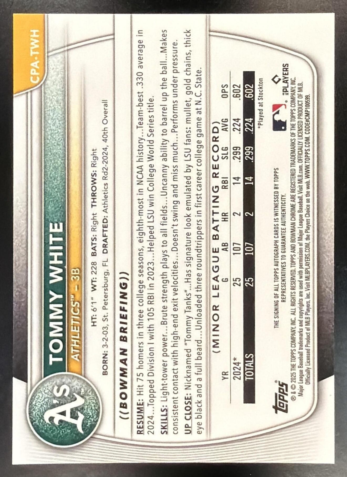 2025 Bowman Chrome Tommy White #CPA-TWH Auto Purple Refractor 249/250 1st Prospect