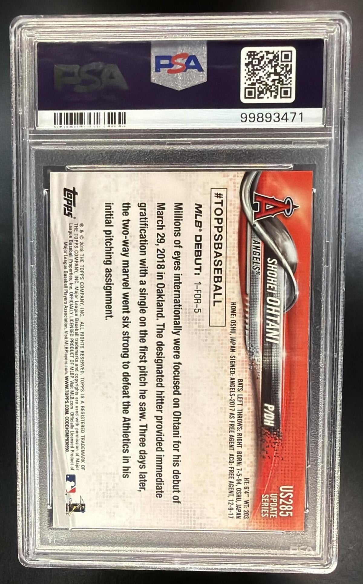 2018 Topps Update Shohei Ohtani #US285 RC PSA 10 Hitting