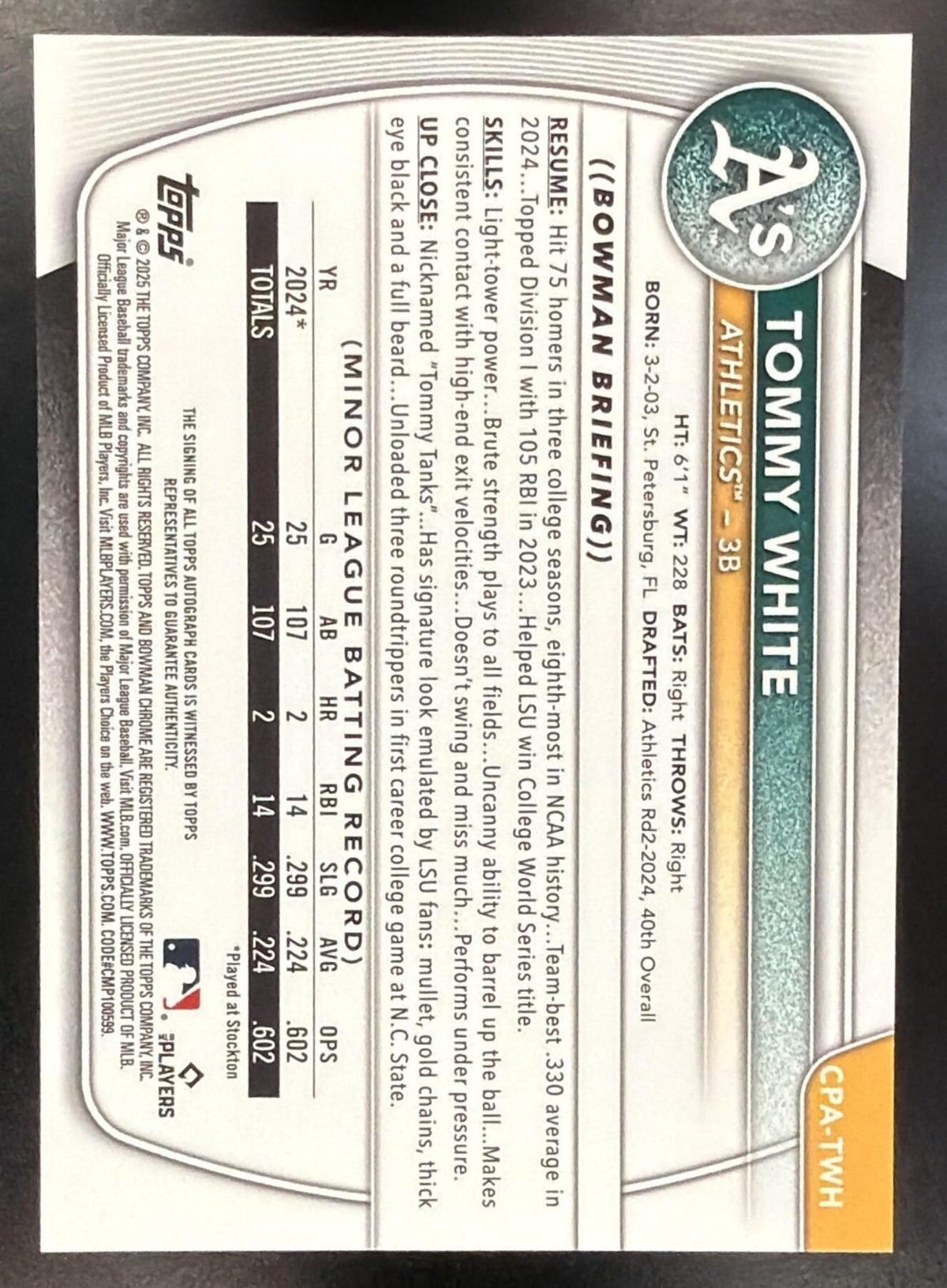 2025 Bowman Chrome Tommy White #CPA-TWH Auto Gold Shimmer Refractor /50 1st Prospect