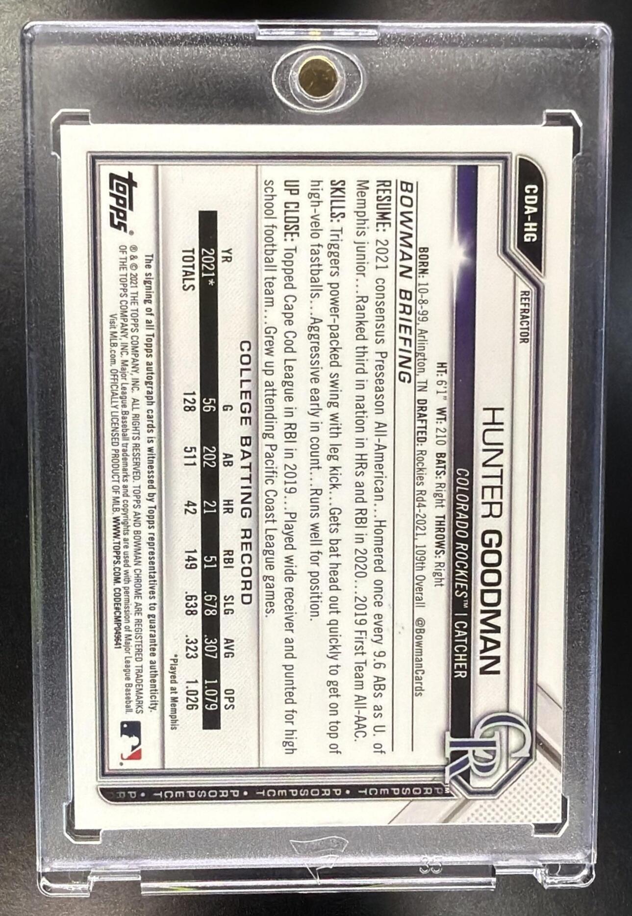 2021 Bowman Draft Hunter Goodman #CDA-HG Chrome Pick Auto Refractor 309/499