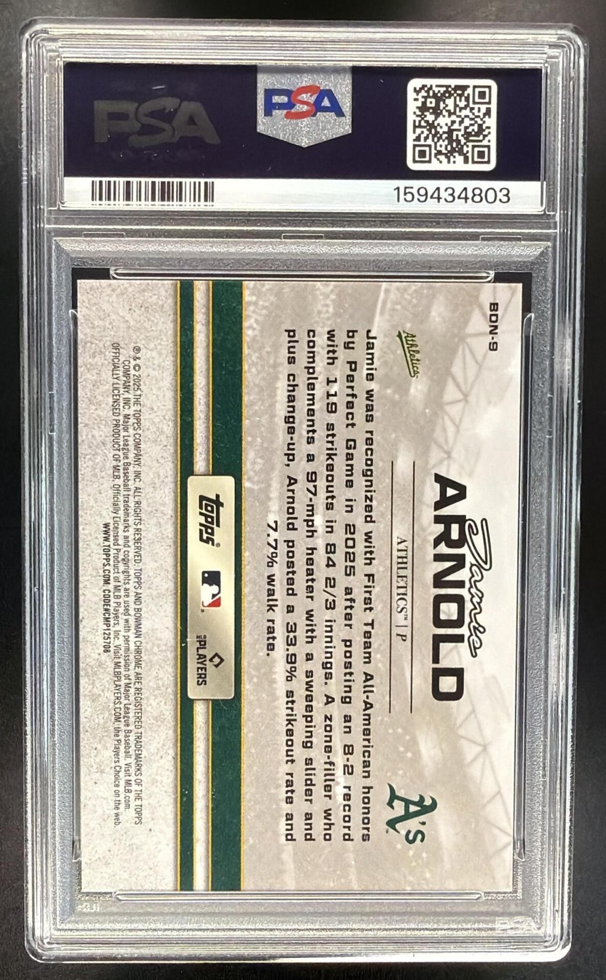 2025 Bowman Draft Jamie Arnold #BDN-9 Night Chrome Gold Refractor 9/50 PSA 10