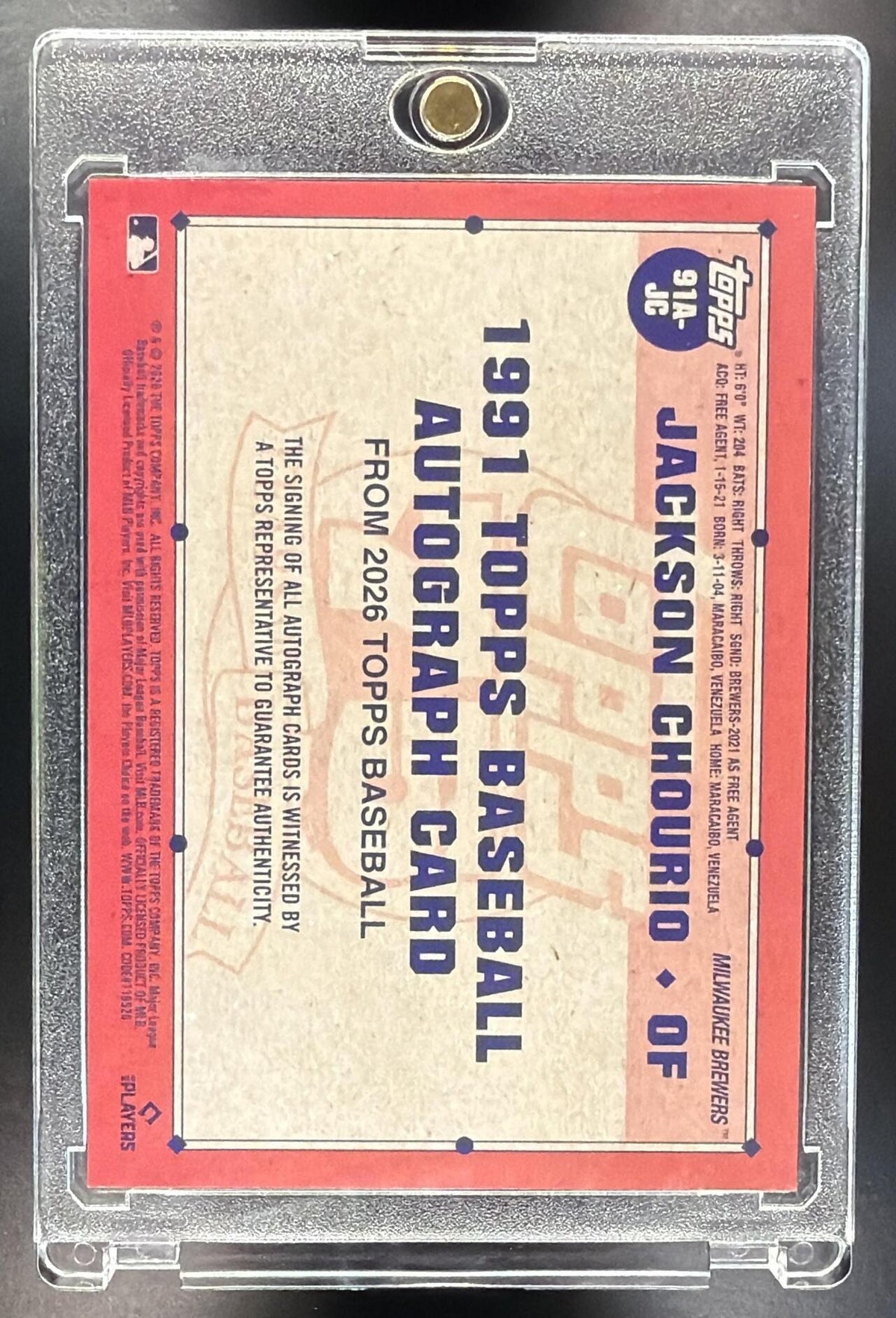 2026 Topps Series 1 Jackson Chourio #91A-JC 1991 Auto
