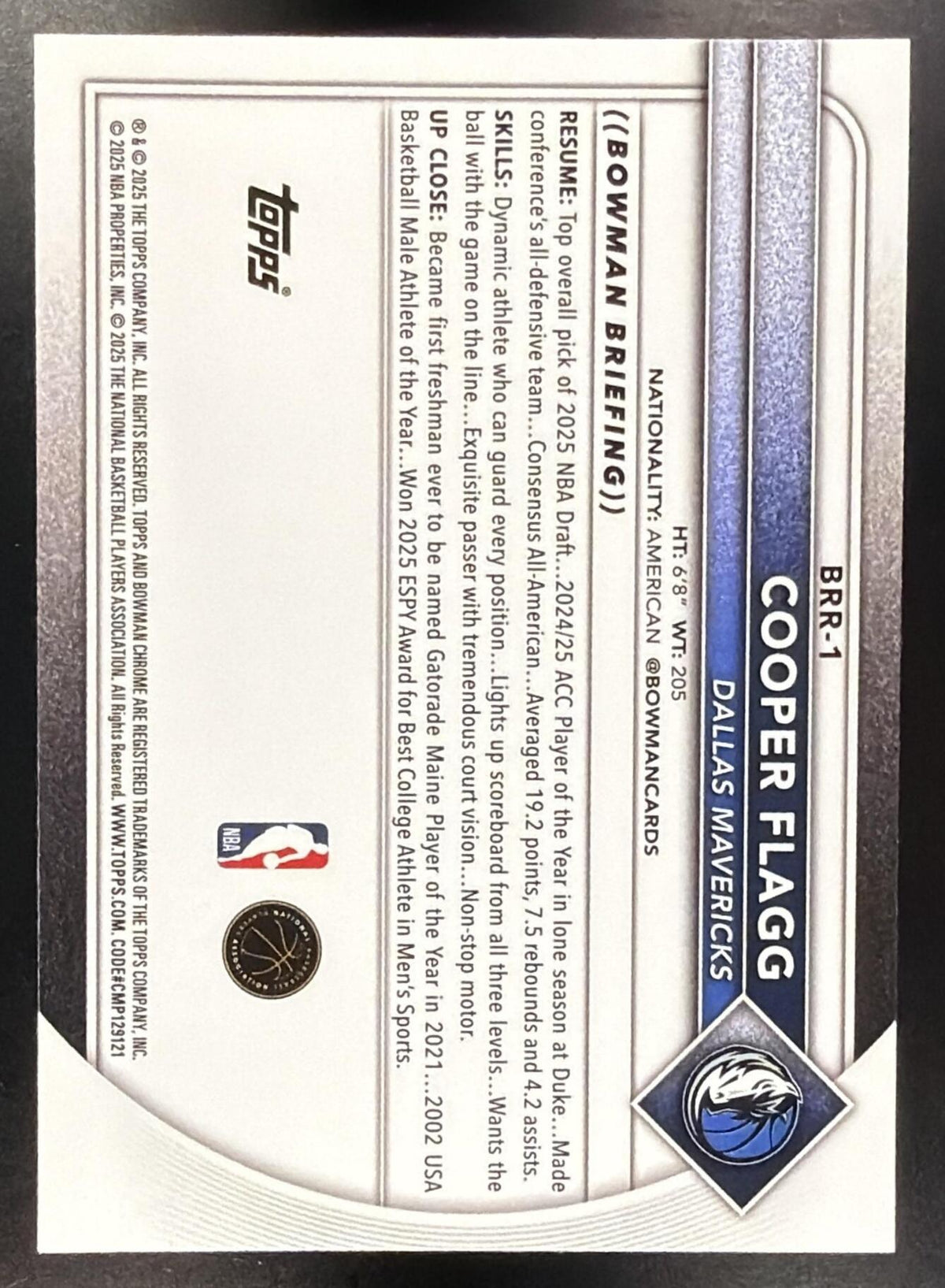 2025-26 Bowman Cooper Flagg #BRR-1 Chrome Red Rookie Variation SP RC