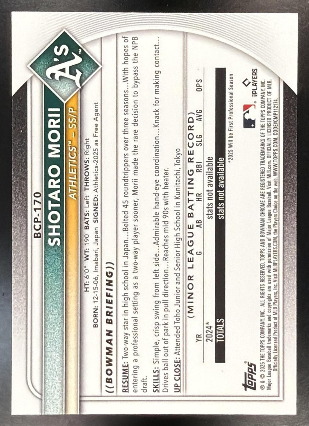 2025 Bowman Chrome Sapphire Shotaro Morii #BCP-170 Image Variation 1st Prospect