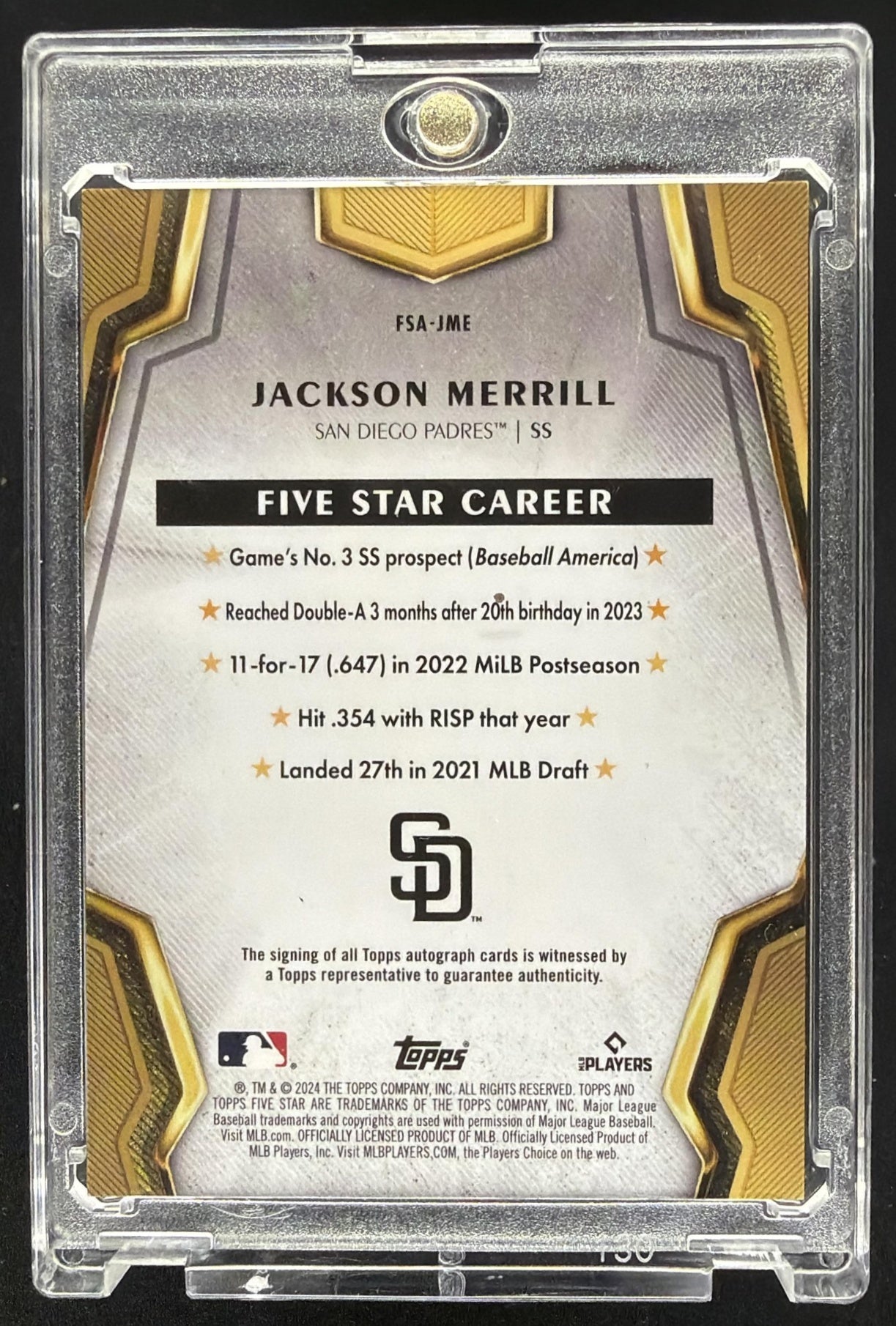 2024 Topps Five Star Jackson Merrill #FSA-JME Orange 1/5 RC Auto