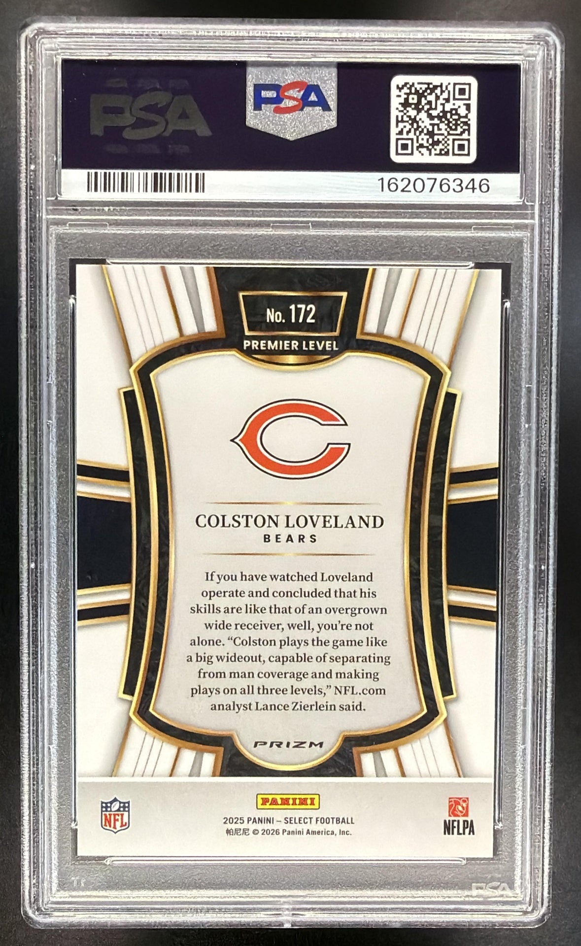 2025 Panini Select Colston Loveland #172 Premier Level Zebra Prizm Shock RC PSA 10