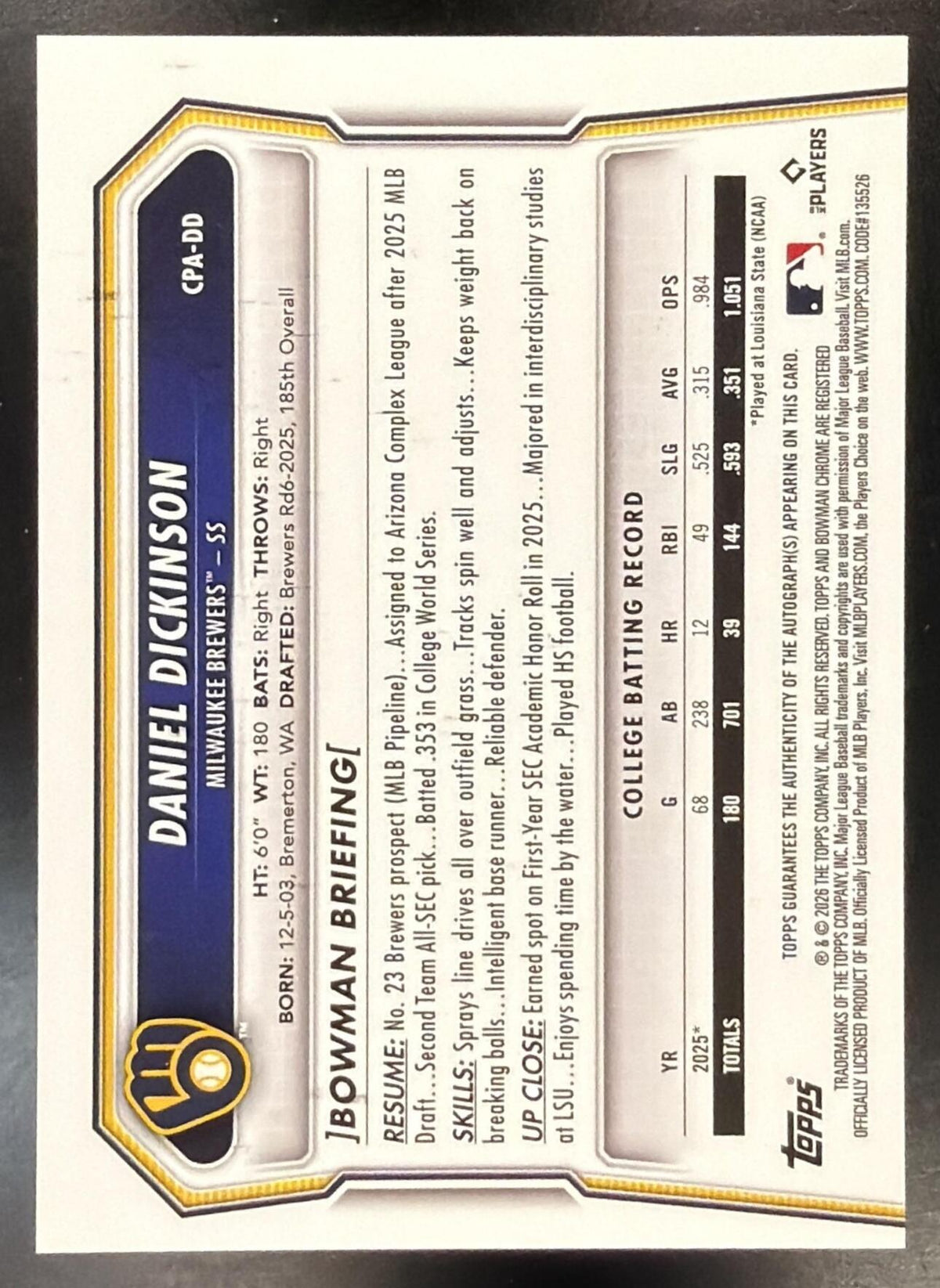 2026 Bowman Daniel Dickinson #CPA-DD Chrome Auto Aqua Refractor 072/125 1st Prospect