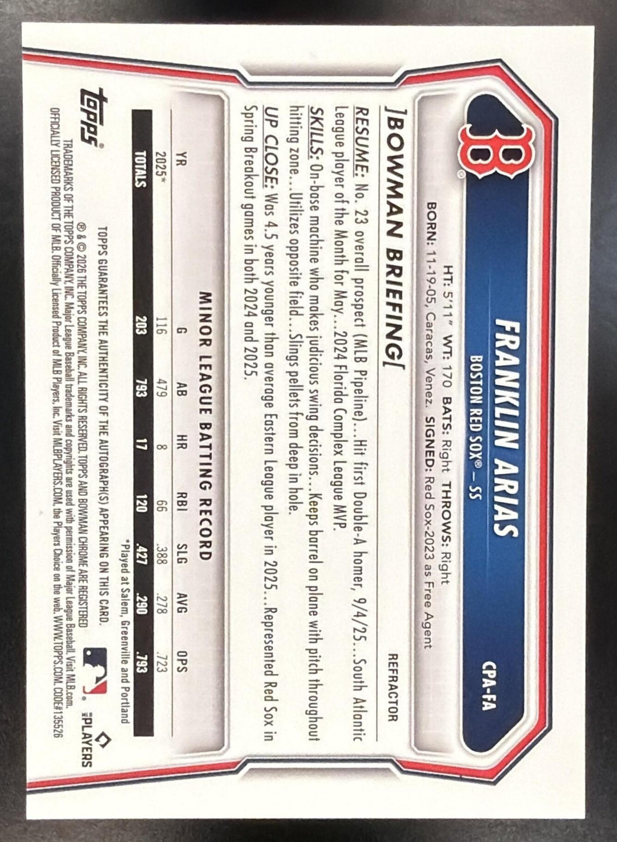 2026 Bowman Chrome Franklin Arias #CPA-FA Prospects Auto Refractor 130/499