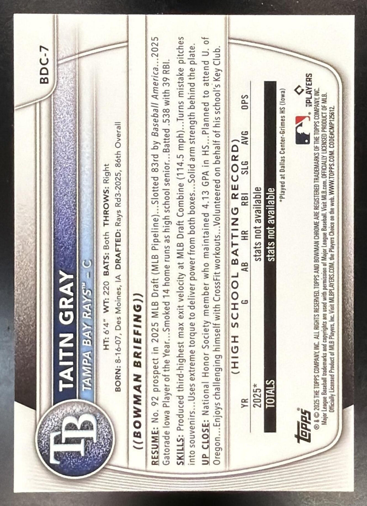 2025 Bowman Draft Taitn Gray #BDC-7 Chrome Refractor 19/35 1st Prospect