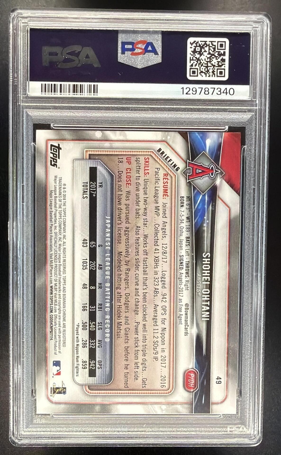 2018 Bowman Shohei Ohtani #49 RC PSA 9 Angels