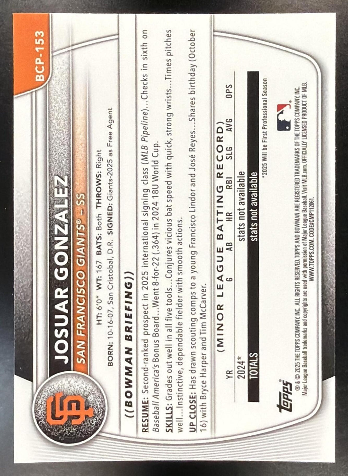 2025 Bowman Chrome Josuar Gonzalez #BCP-153 Purple Refractor 120/250 1st Prospect