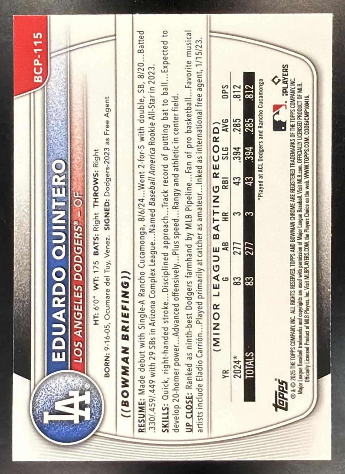 2025 Bowman Eduardo Quintero #BCP-115 Chrome Blue Geometric Refractor 103/150 1st Prospect