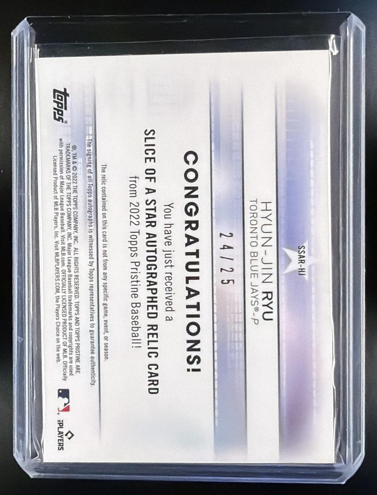 2022 Topps Pristine Baseball Hyun-Jin Ryu #SSAR-HJ Orange Patch Auto 24/25 Blue Jays