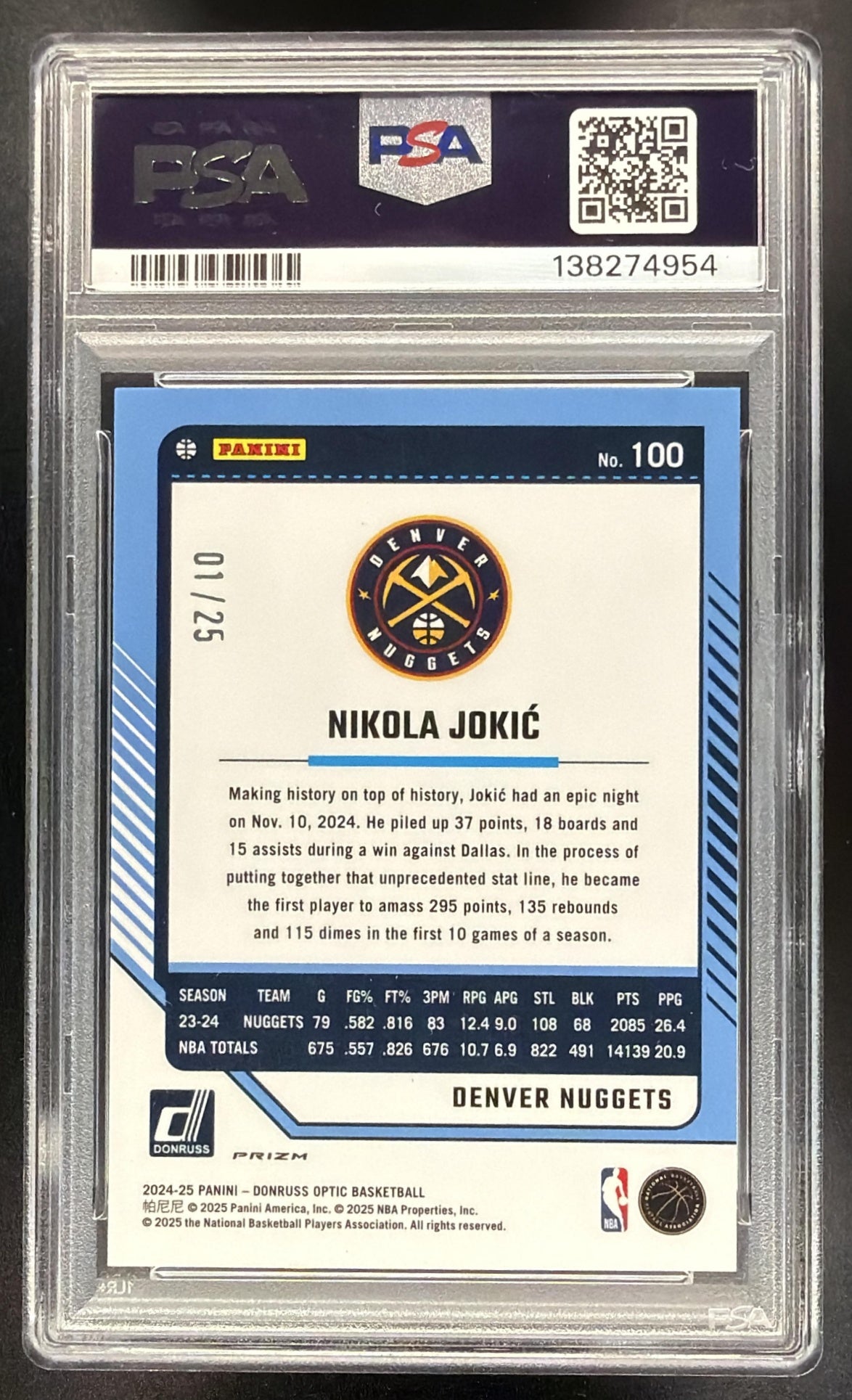 2024-25 Panini Donruss Optic Nikola Jokic #100 Pink Prizm 1/25 PSA 10