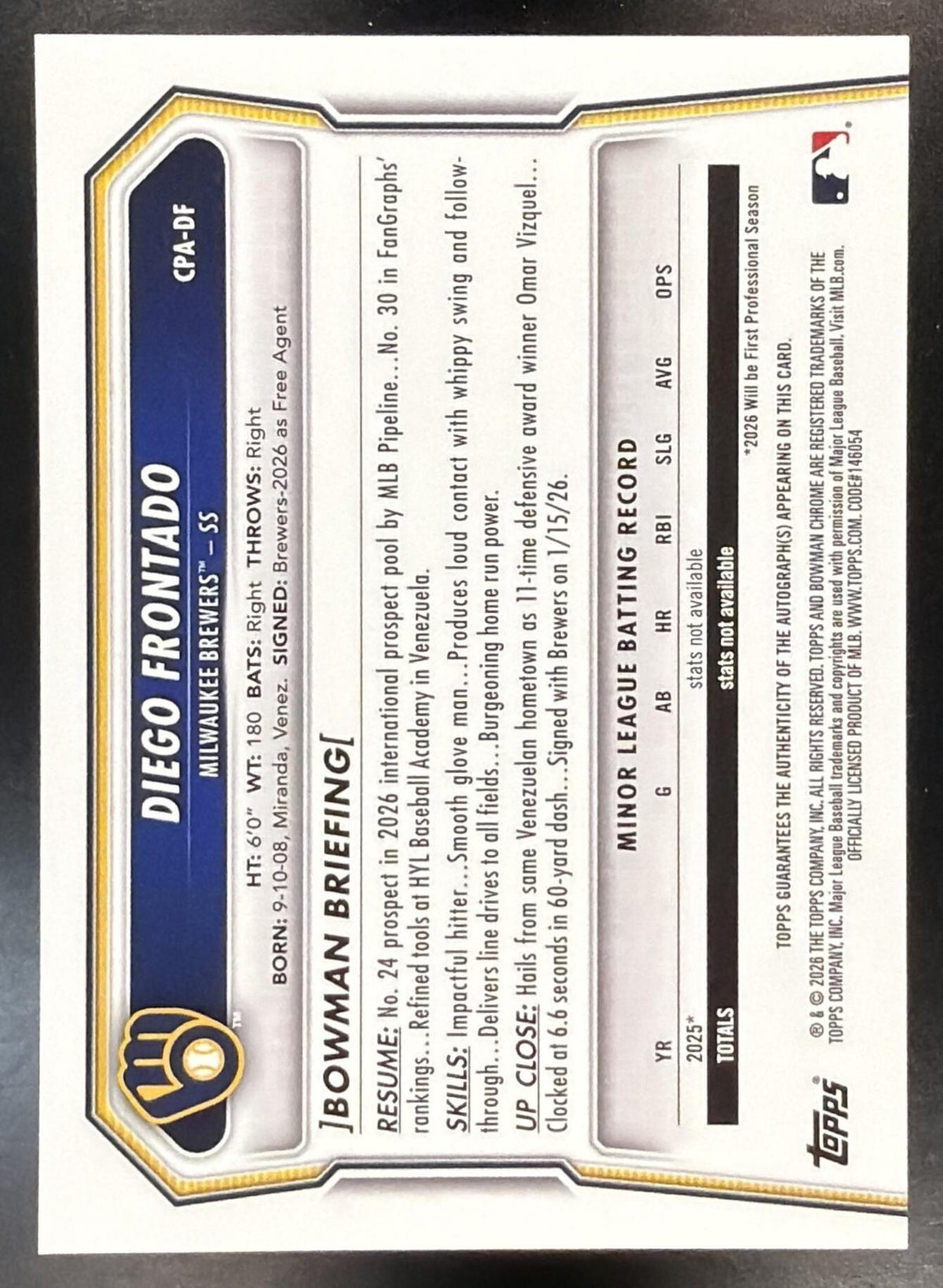 2026 Bowman Chrome Diego Frontado #CPA-DF Auto Speckle Refractor 132/299 1st Prospect