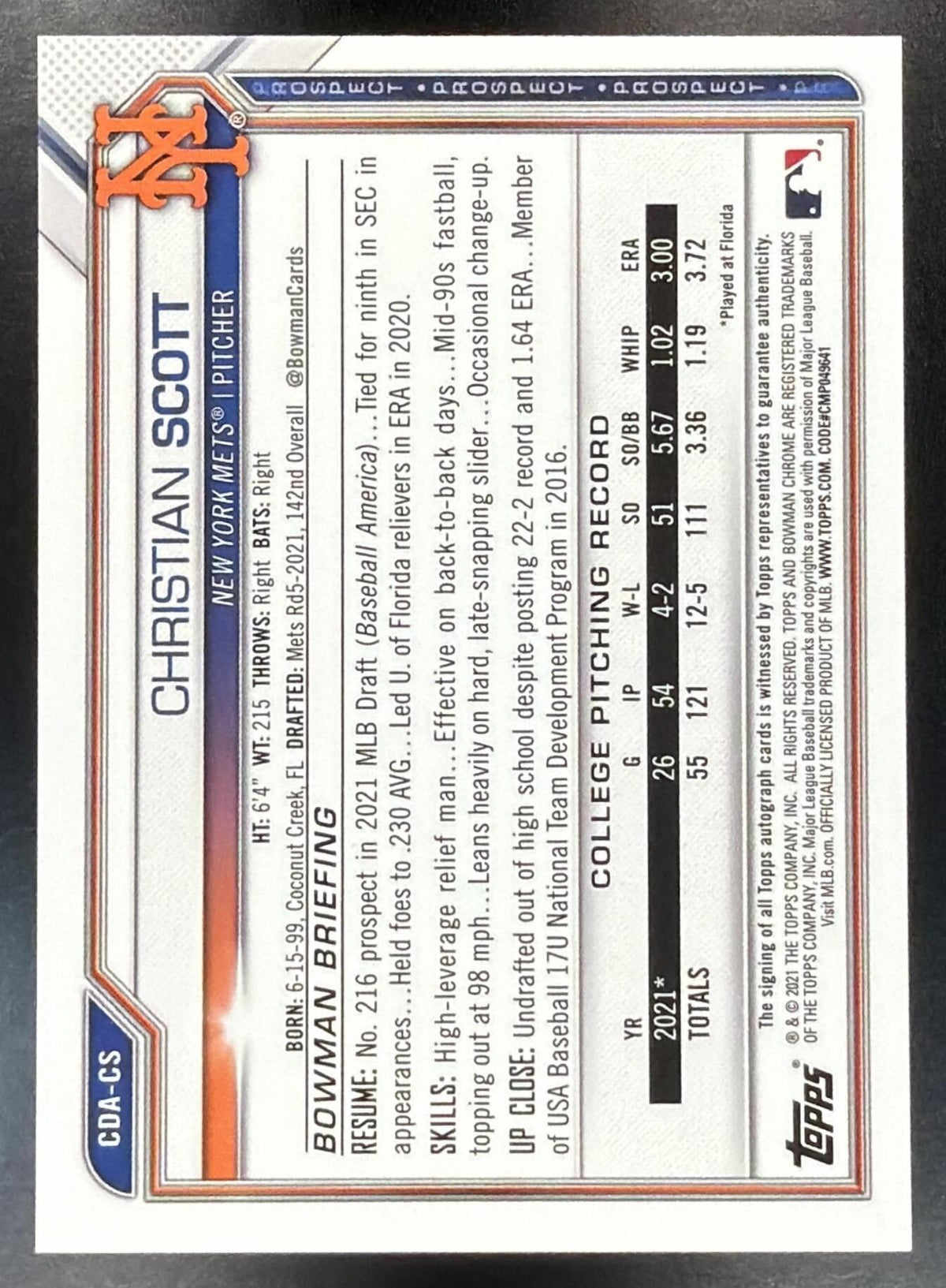 2021 Bowman Draft Christian Scott #CDA-CS 1st Auto Aqua Lava Refractor 097/199