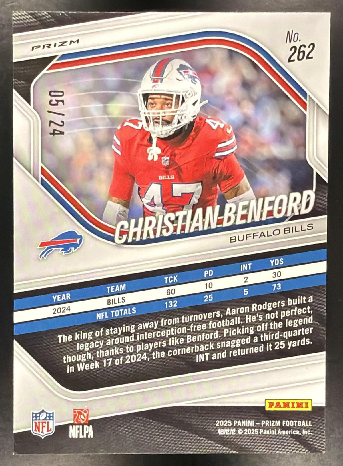 2025 Panini Prizm Christian Benford #262 Gold Sparkle 5/24