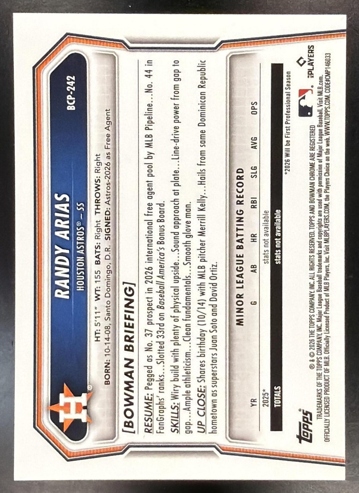2026 Bowman Chrome Randy Arias #BCP-242 International Variation 1st Prospect