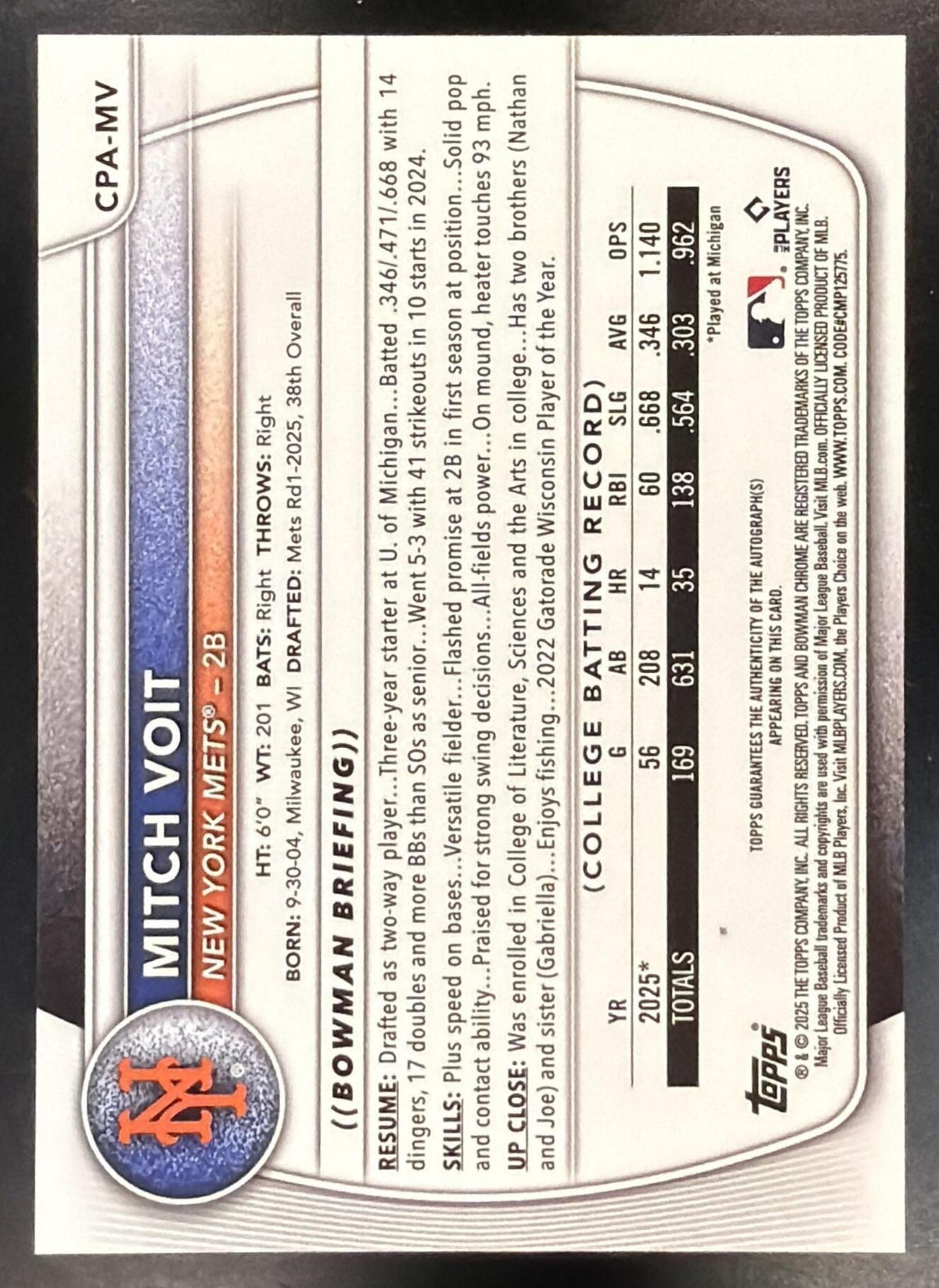 2025 Bowman Draft Mitch Voit #CPA-MV Chrome Auto 1st Prospect Mets