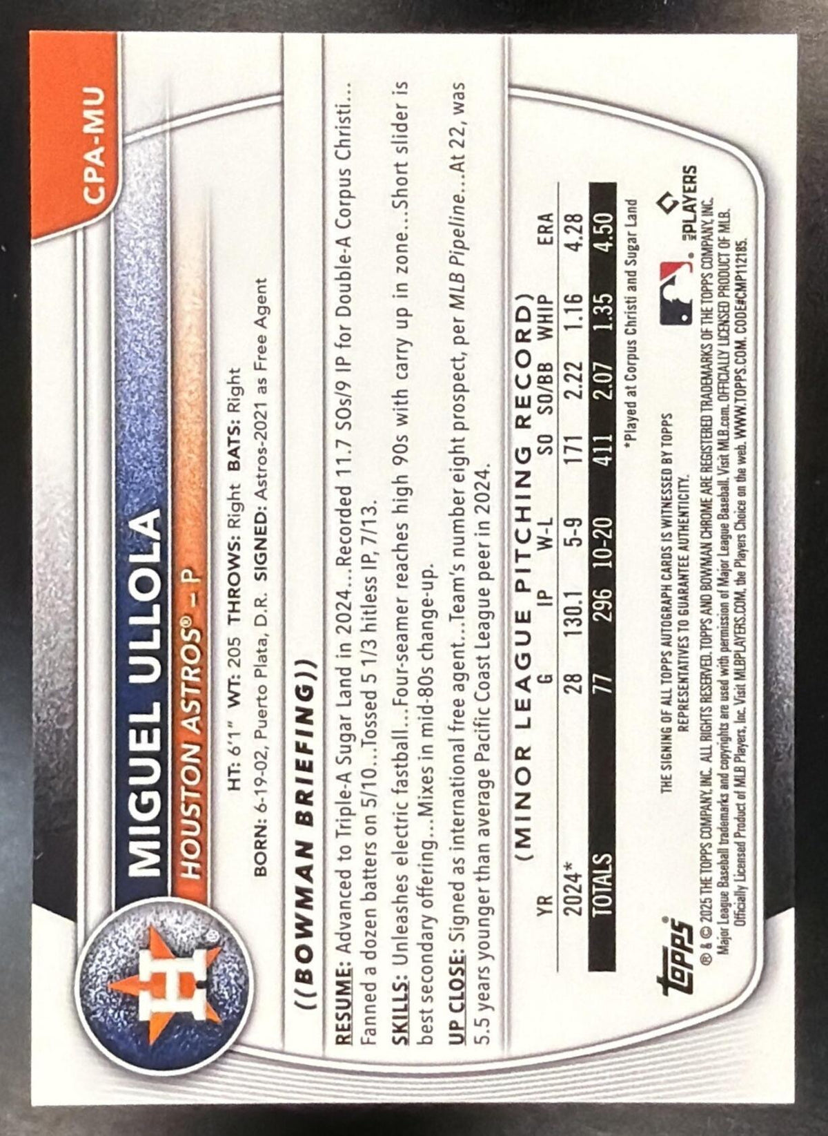 2025 Bowman Chrome Miguel Ullola #CPA-MU Auto Gold Shimmer Refractor 45/50 1st Prospect