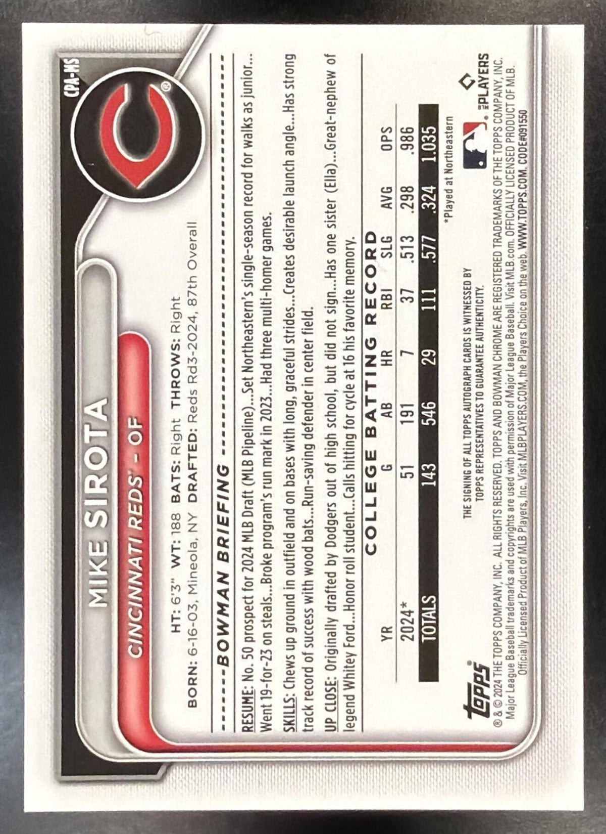 2024 Bowman Draft Mike Sirota #CPA-MS Chrome Auto 1st Prospect
