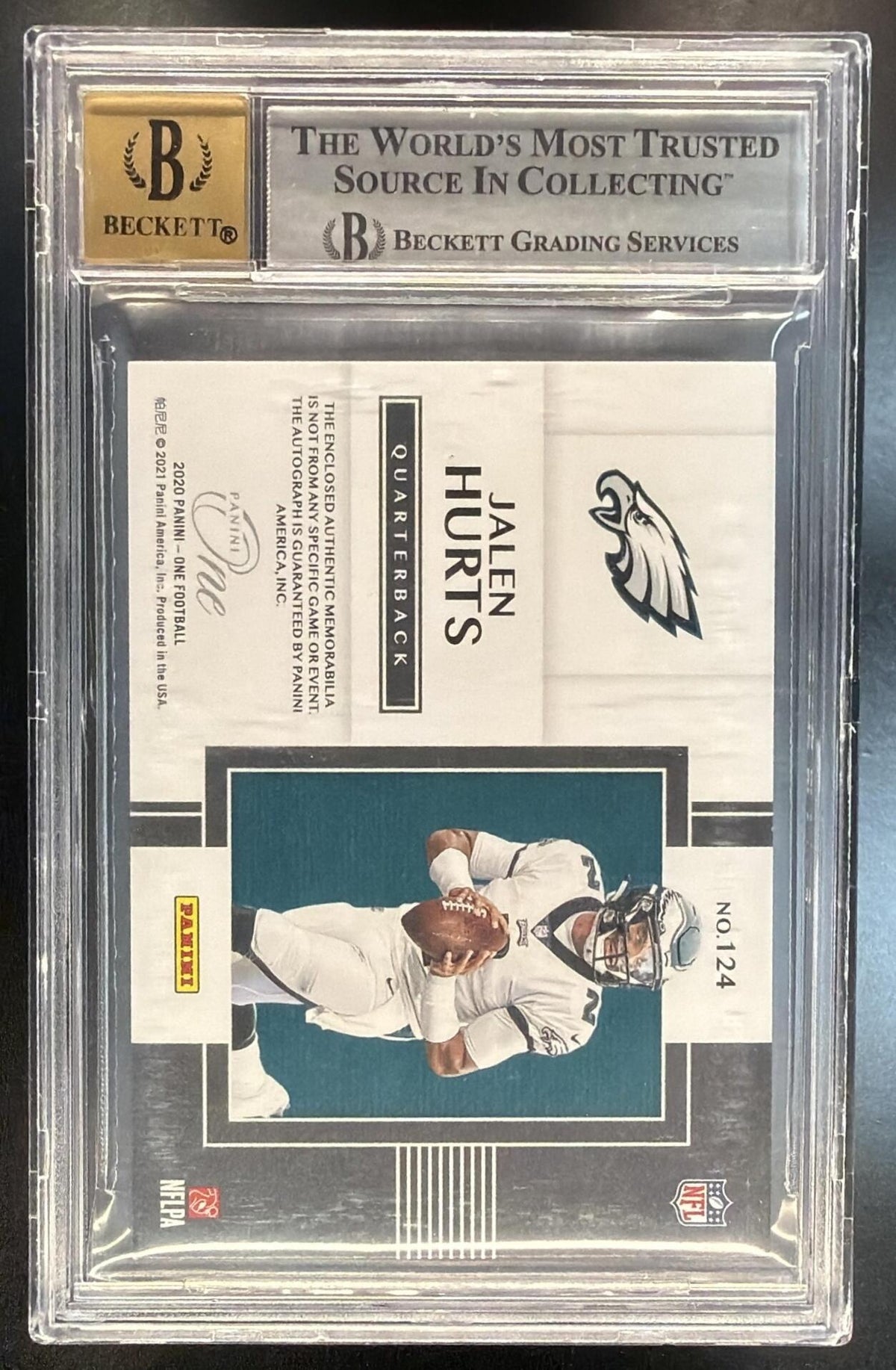 2020 Panini One Jalen Hurts #124 Rookie Patch Auto 14/75 Beckett 8.5 Auto 10