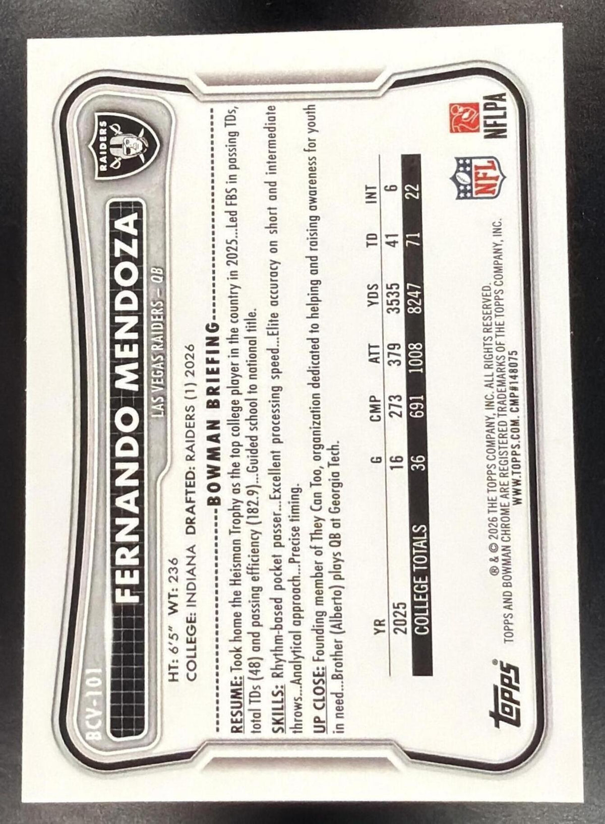 2026 Bowman Football Fernando Mendoza #BCV-101 Magenta Refractor 143/250 RC