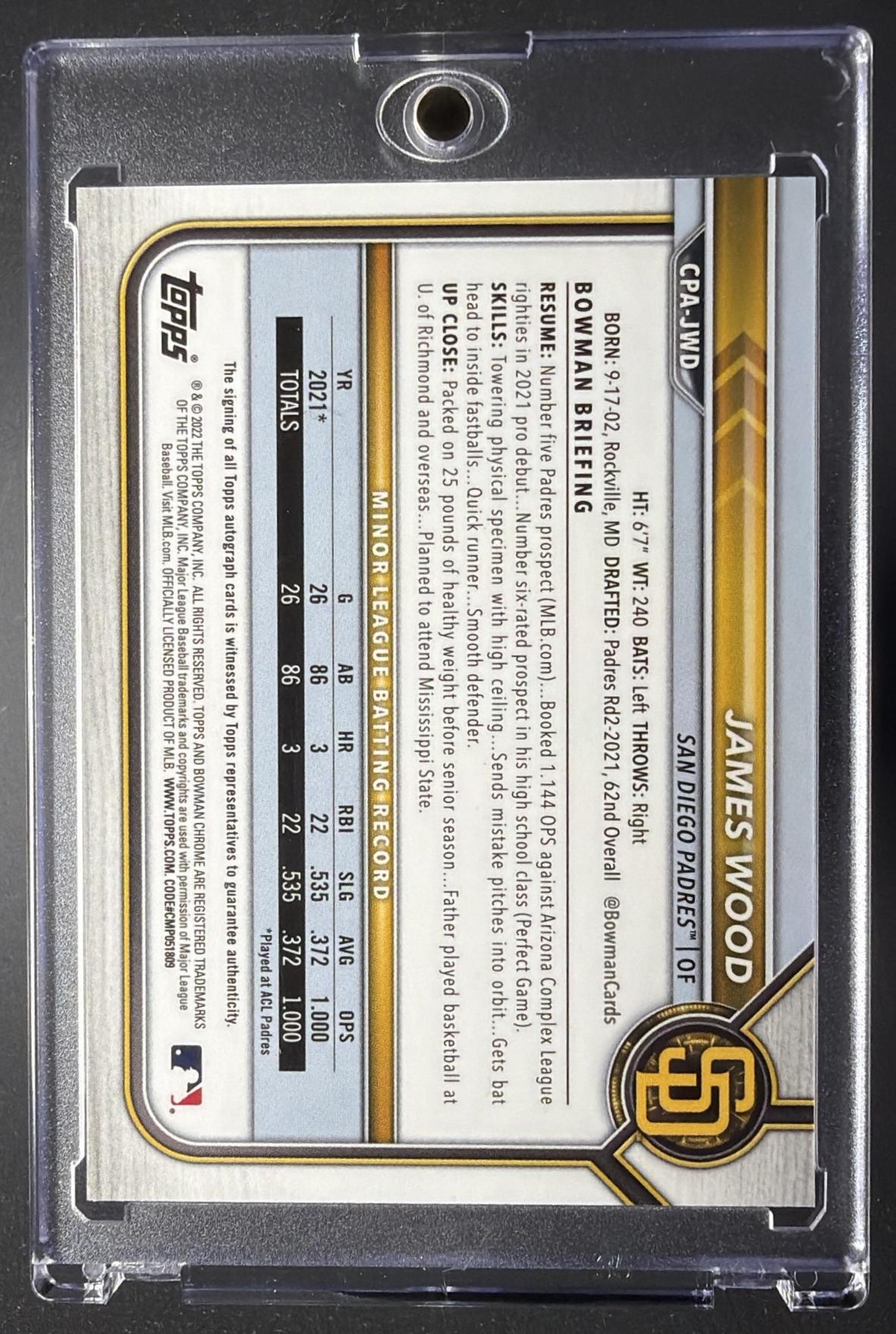 2022 Bowman James Wood #CPA-JWD Chrome Prospect Auto Purple Refractor 185/250