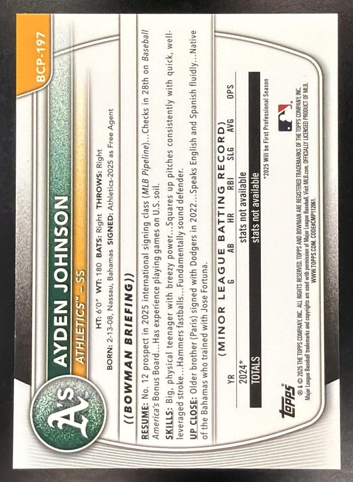 2025 Bowman Chrome Baseball Ayden Johnson #BCP-197 1st Black Wave 01/10
