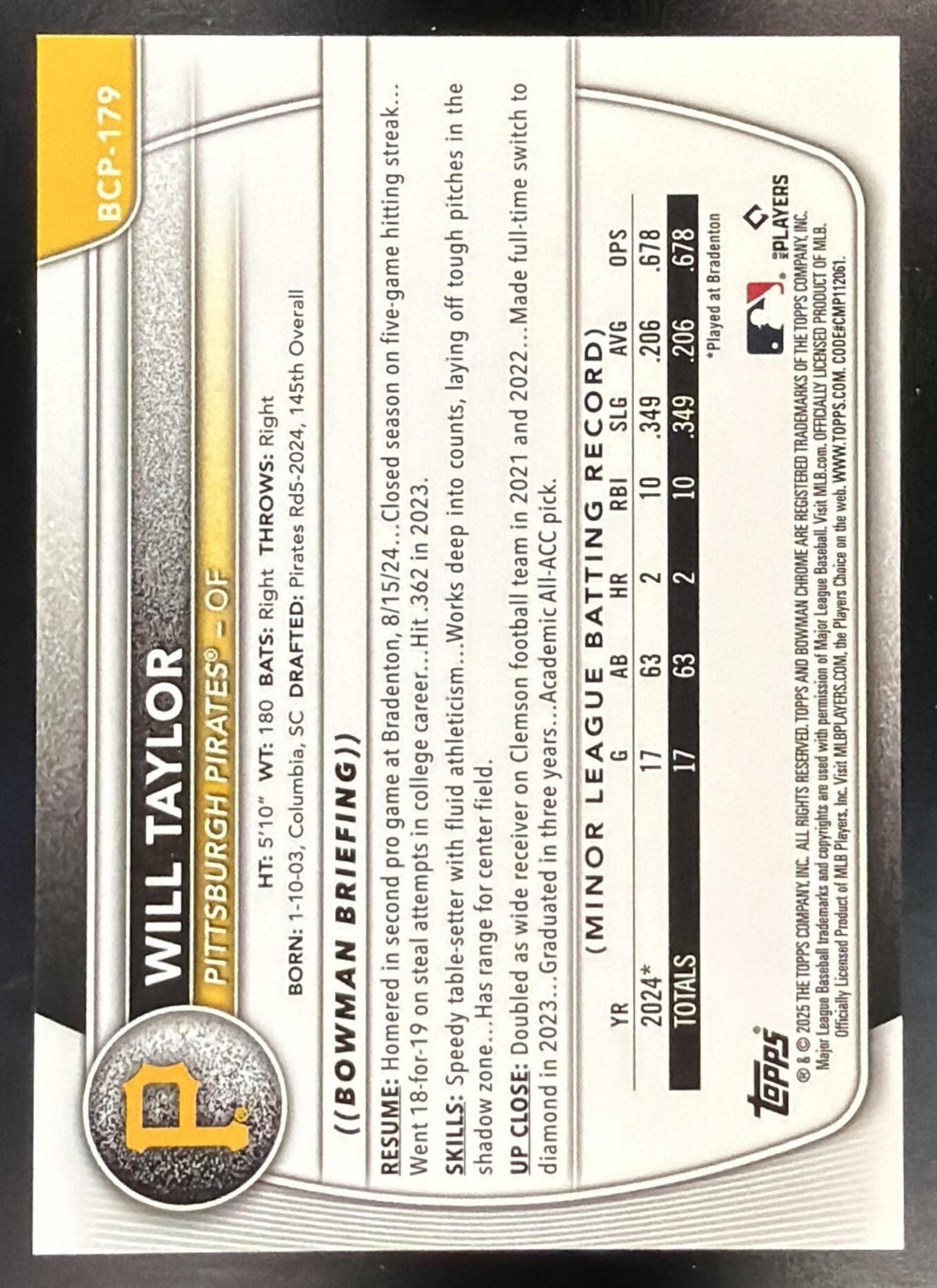 2025 Bowman Chrome Will Taylor #BCP-179 Orange Wave Refractor 15/25 1st Prospect